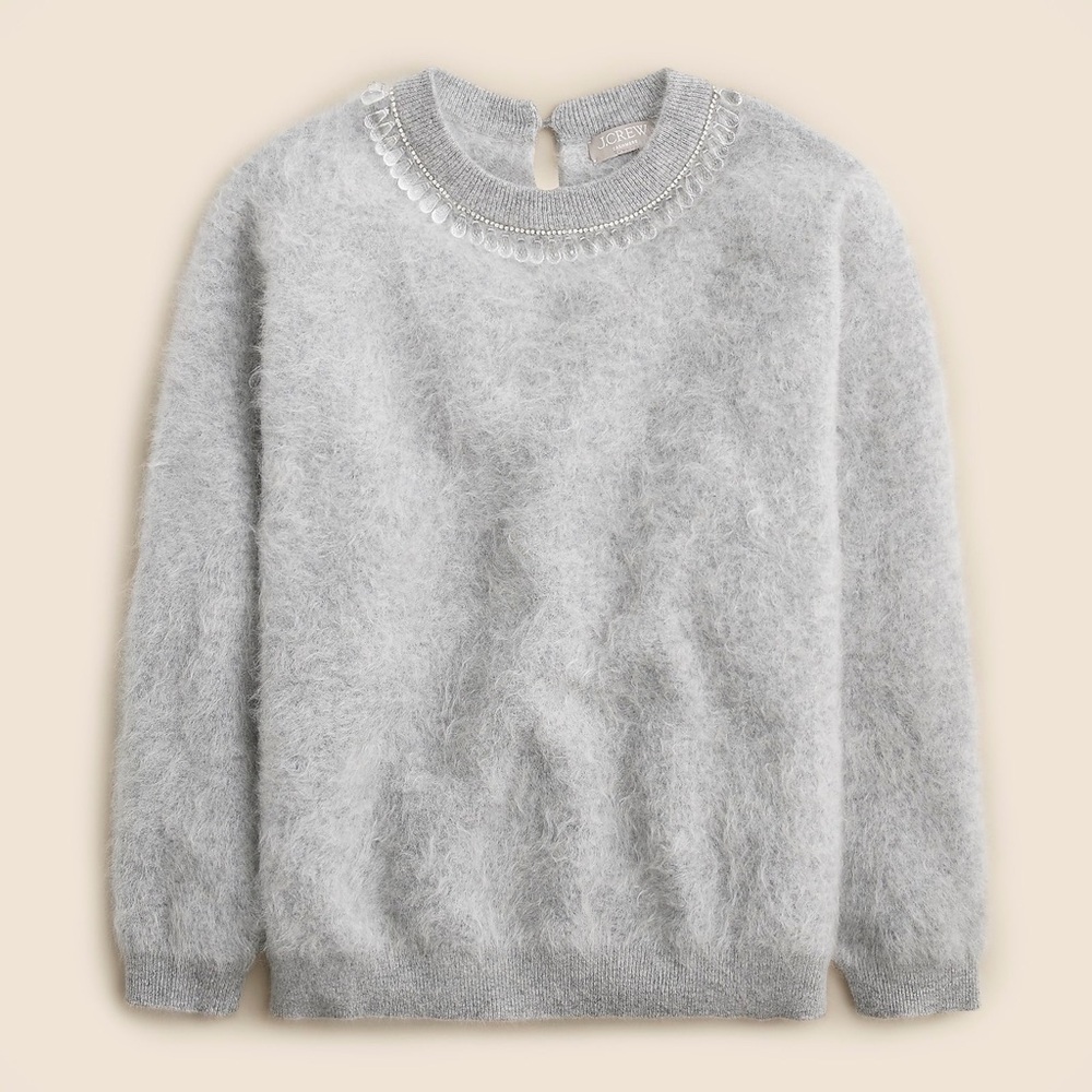 J Crew Embellished Brushed Cashmere Relaxed Crew Neck Sweater